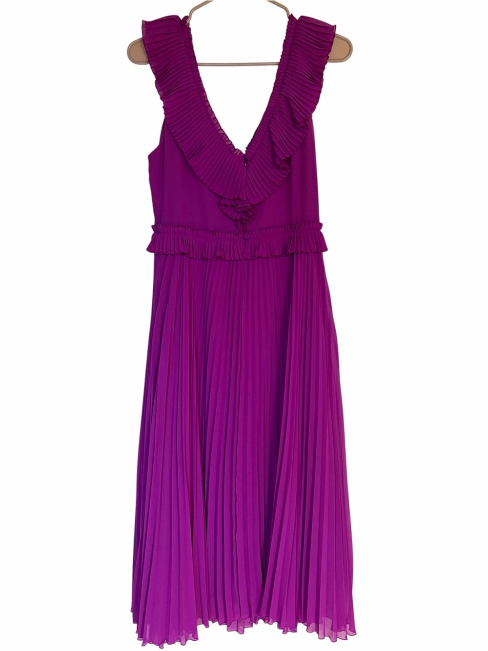 Sezane Rachelle Midi Dress Violet Magenta Accordion Pleated V-Neck Ruffle - Picture 4 of 13